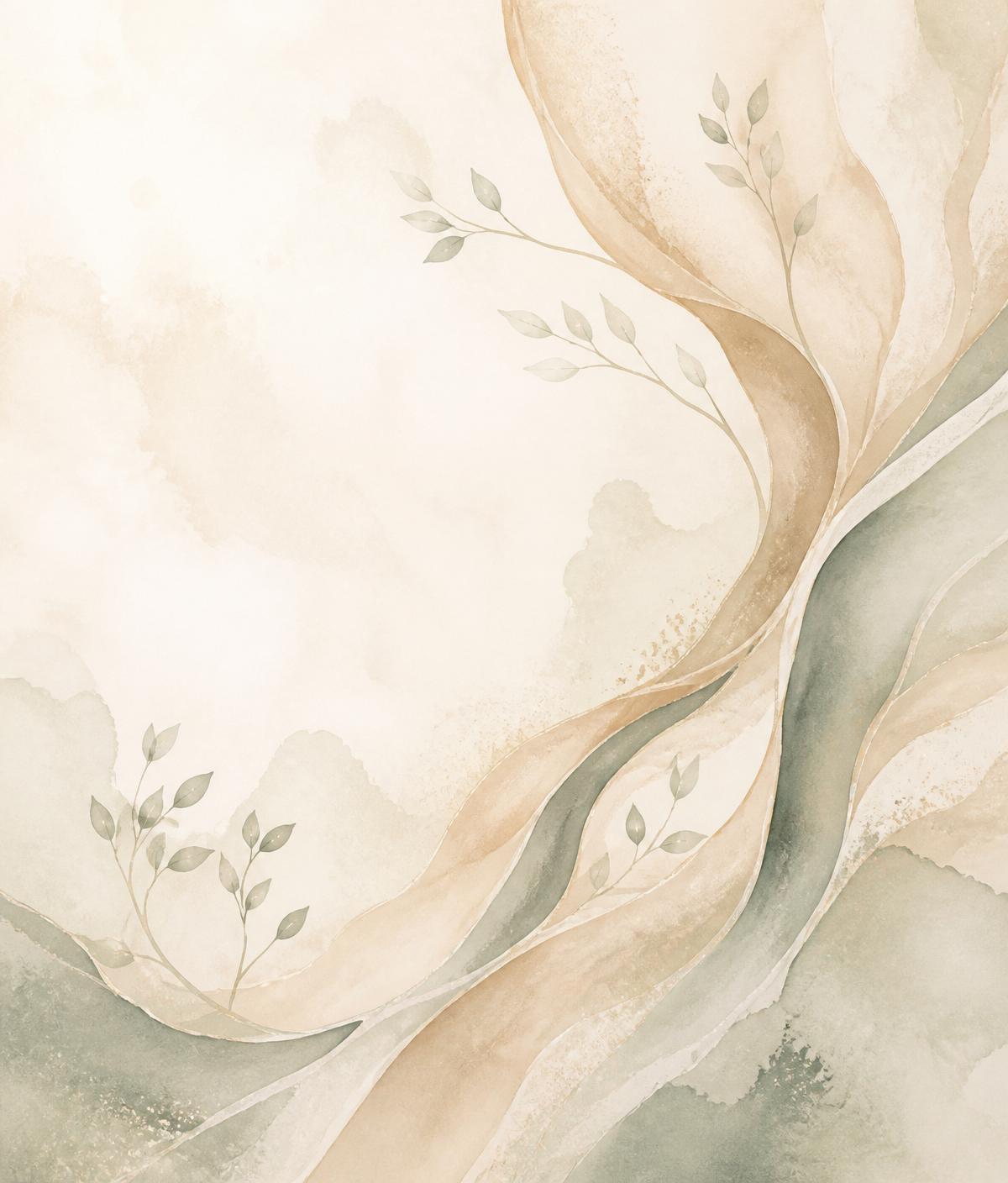 Abstraktní ilustrace v barvách šampaňské a šalvěje — motiv propojení rodičů a dítěte